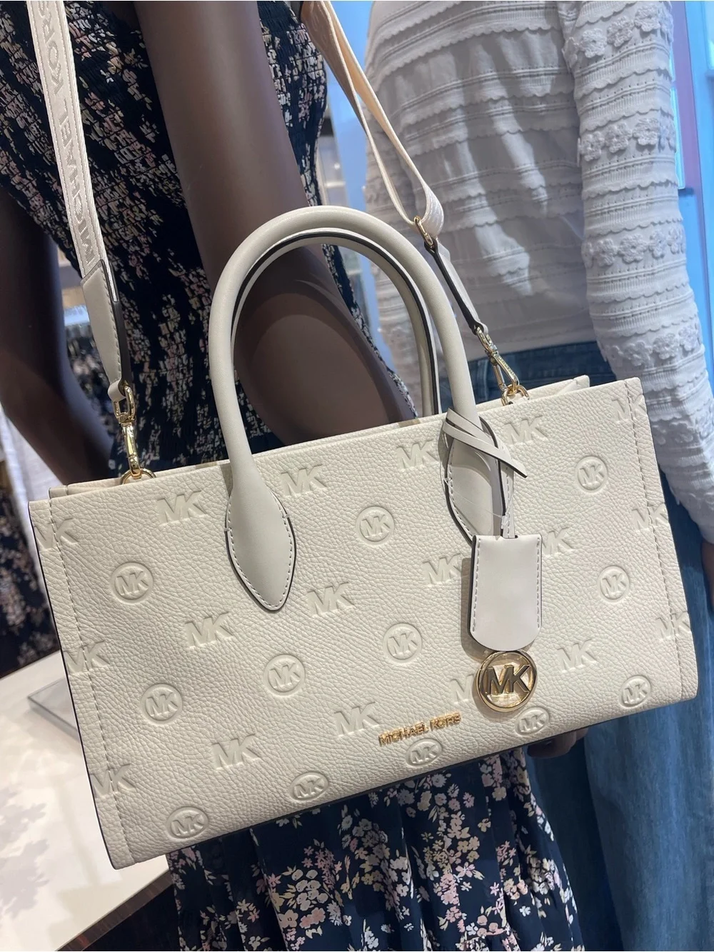 Michael Kors Mirella Md Logo Debossed Satchel Shoulder Tote Handbag Lt Cream NWT
